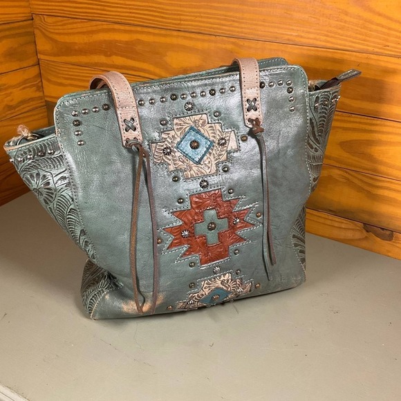 American West Handbags - American West Navajo Soul Zip-Top Tote Bag Green Leather Tooled Studded Aztec